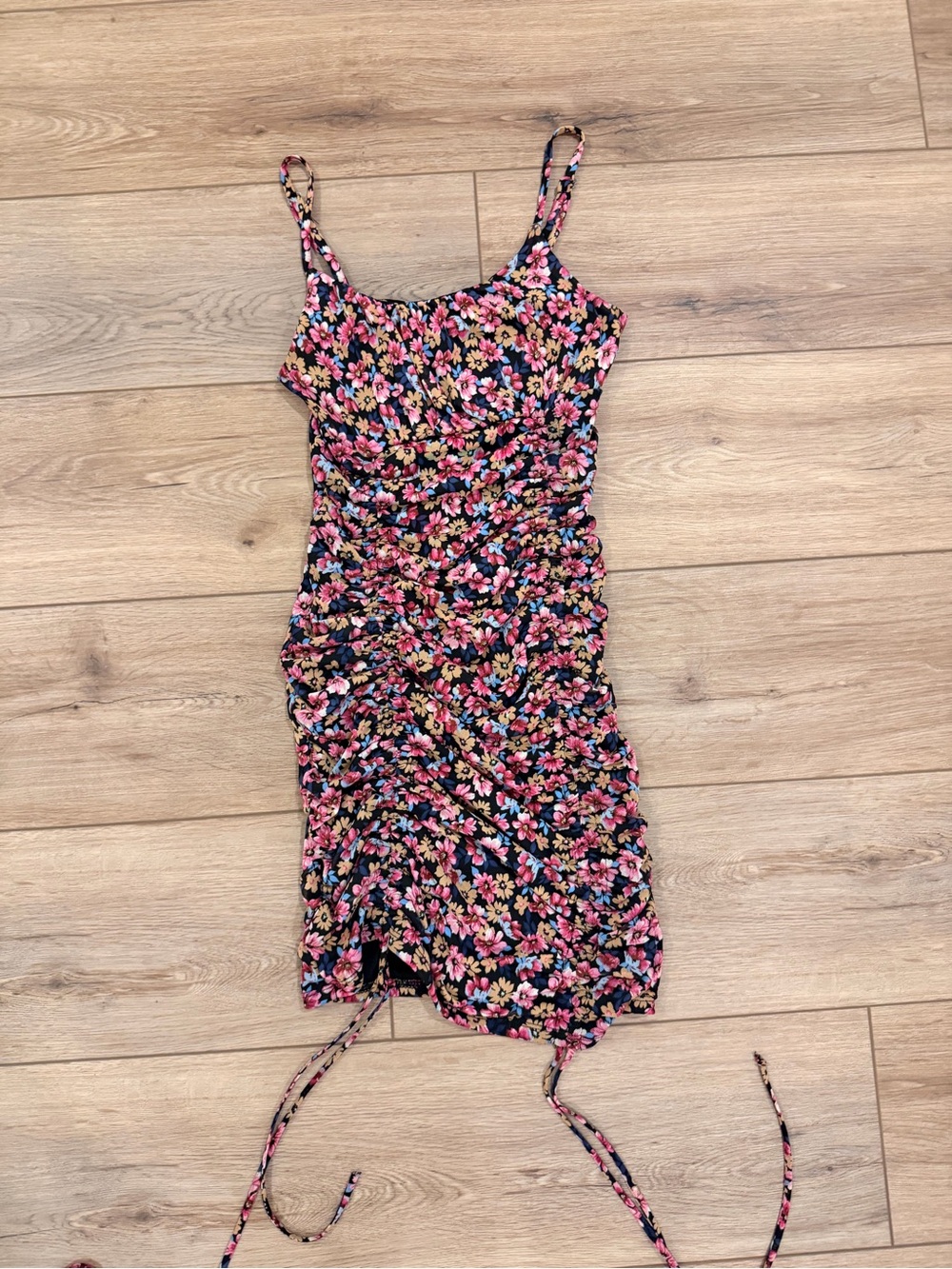 Black Floral Ruched Spaghetti Strap Dress